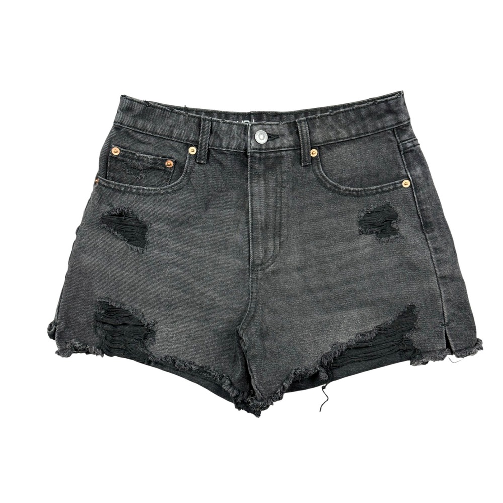 High Rise Denim Jean Shorts Jorts Women 7 Black Distressed 3" Inseam Y2K Style - Picture 1 of 10